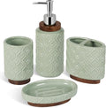 RQYIXI 4 Piece Bathroom Accessories Set, Green Ceramic Bath Accessory Set with Wood Accents, Soap Dispenser, Toothbrush Holder, Tumbler and Soap Dish, Elegant Bathroom Countertop Decor