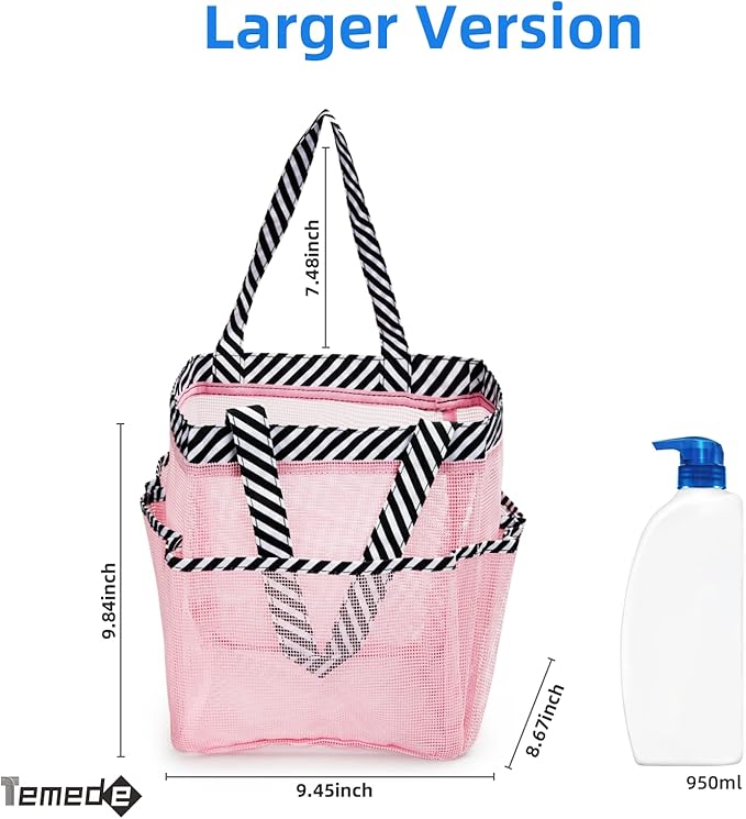 Temede Mesh Shower Caddy Tote, Large Shower Caddy Basket Portable, Quick Dry Hanging Toiletry Bag, 8 Storage Pocket Bath Organizer for College Dorm Room, Gym, Bathroom, Camp, Travel (Pink+Stripes)