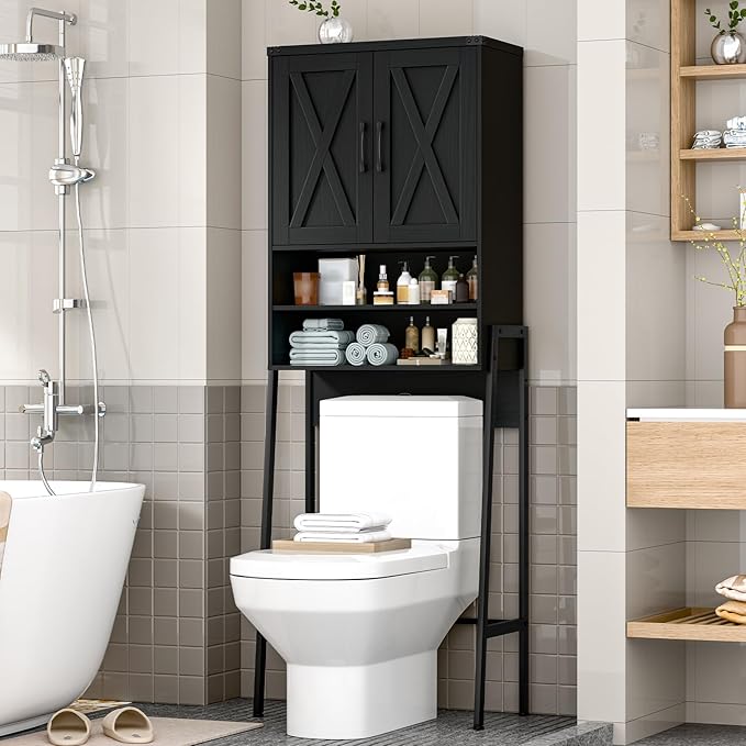 Vabches Over The Toilet Storage Cabinet, Farmhouse Over Toilet Storage Cabinet, Metal Frame with 2 Barn Doors, Home Space-Saving Toilet Rack for Bathroom, Toilet, Laundry Room,Black