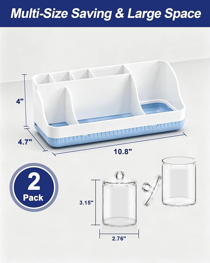 Bathroom Counter Organizer and Storage with 2 Pack Qtip Holder Dispenser, 7 Slots Detachable Toothbrush Holders for Bathrooms, Anti-Slip Electric Toothbrush and Toothpaste Holder Countertop