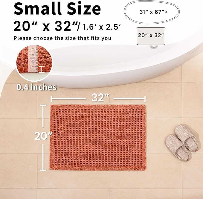 Waffle Bath Mat - Boho Bathroom Rugs Non Slip Washable, Super Absorbent & Quick Dry, Soft Bath Mat Farmhouse Bathroom Decor, 20'' x 32'', Dirty Orange