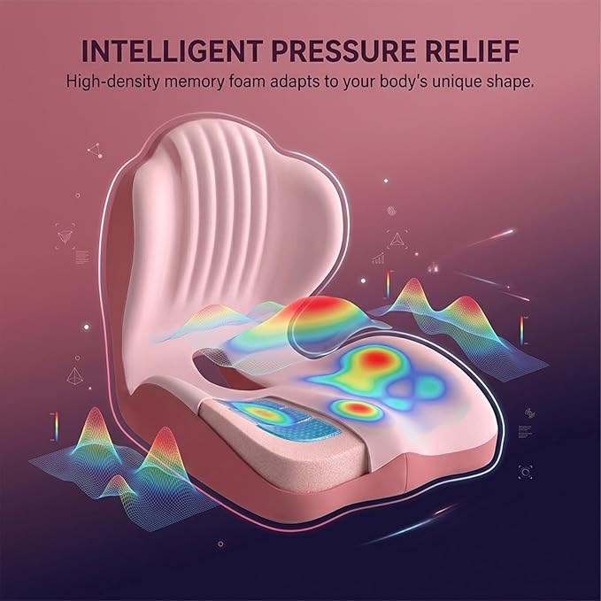 SakerPlus Ergonomic Seat Cushion Ergonomic Memory Foam Seat Cushion, L-Shaped Office Chair Cushion & Car Seat Cushion for Long Sitting, Lower Back Support Pillow for Office, Home, Driving (Pink)