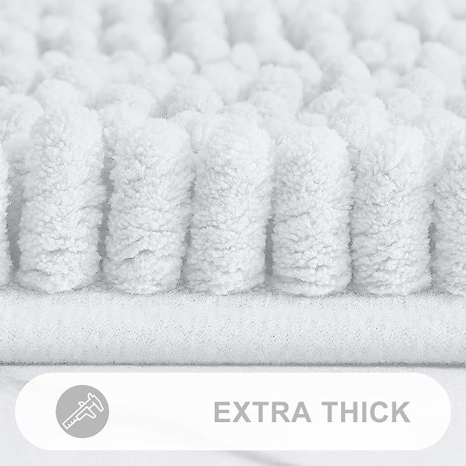 Grandaily Chenille Striped Bathroom Rugs 47x20, Extra Thick and Absorbent Bath Mats, Non-Slip Soft Plush Shaggy Shower Carpet, Machine Wash Dry, Bath Rug for Bathroom, White