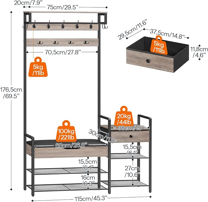 HOOBRO Hall Tree with Bench, Shoe and Coat Rack for Entryway, Coat Rack with Bench, Flip Top Storage Box, PU Cushioned Seat, Non-Woven Fabric Drawer, for Entrance, Greige and Black BG110MT01