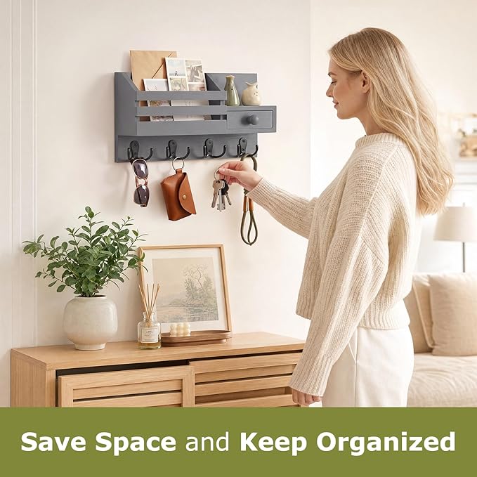 Key Holder Wall Mount, Wooden Adhesive Mail and Key Organizer with Drawer, Small Shelf, 8 Hooks, 2 Installation Methods, Gray