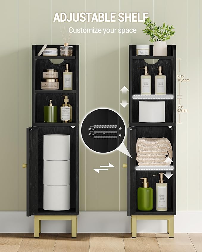 Hzuaneri Bathroom Storage Cabinet, Small Corner Floor Cabinet with Door and Shelves, Narrow Toilet Paper Holder, Bathroom Organizer with Adjustable Shelf, for Small Spaces, Rattan Black BC08204Y