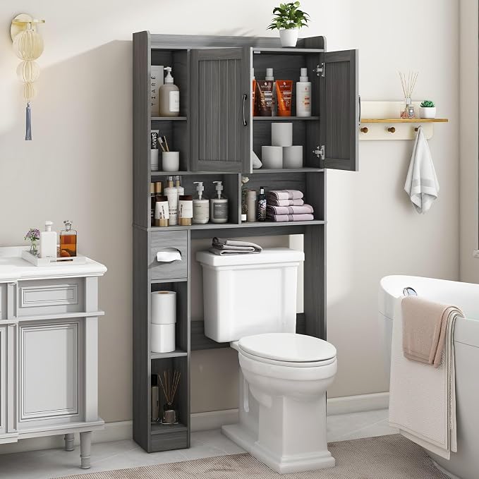 Vabches Over The Toilet Storage Cabinet, Farmhouse Storage Cabinet Over Toilet with Barn Door，Home Space-Saving Toilet Rack for Bathroom, Restroom and Laundry.（Wash Grey）