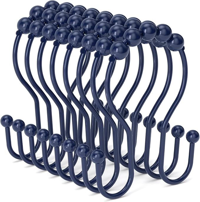 Bathway Shower Curtain Hooks, Shower Curtain Rings Rust Proof Navy Blue Double Hook Shower Curtain Hooks, 12 Pcs Shower Hooks for Shower Curtain, Shower Rings for Curtain, Metal Shower Rod Hooks