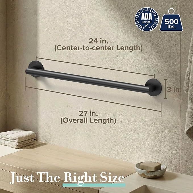 Gatco 964MX Glam 24" L Grab Bar, Matte Black/ADA Compliant Stainless Steel Safety Grab Bar for Bathroom