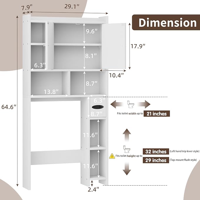 Shintenchi Over the Toilet Storage Cabinet, Bathroom Storage Cabient with Barn Doors, Bathroom Storage Shelf Organizer with Toilet Paper Holder, Adjustable Shelf and Anti-Tip Device, White