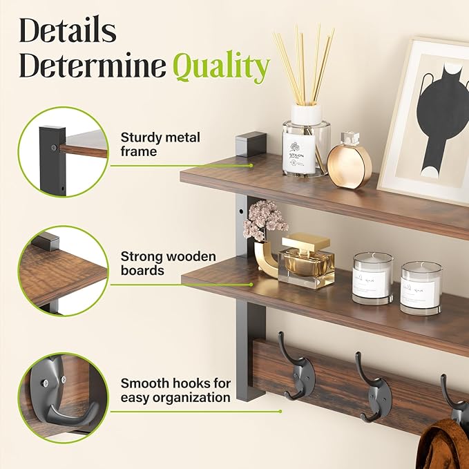 2 Tier Coat Rack Wall Mount with Shelf, 33" Wall Shelf with Hooks, Entryway Key Holder for Wall with 8 Heavy Duty Double Hooks, Coat Hook Wall Mounted for Bedroom, Living Room, Rustic Brown