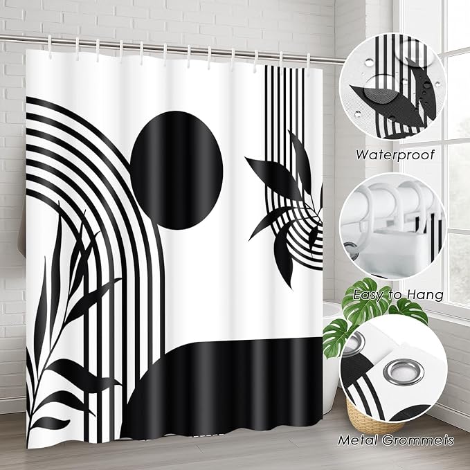 Boho Mid Century Shower Curtain Set with Toilet Lid Cover and Non-Slip Rugs, Abstract Geometric Black White 4 Pcs Modern Minimalist Vintage Shower Curtain for Bathroom Set with 12 Hooks