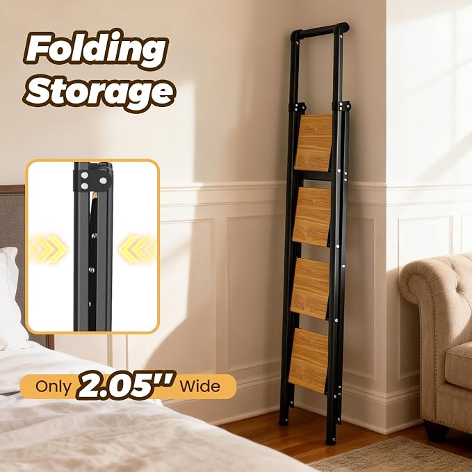 HBTower 4 Step Ladder with Handrail, Aluminum Folding Step Stool,330lbs Capacity Portable Step Ladder，Non-Slip Safety Ladder for Household,Kitchen,Office - BlackWoodgrain