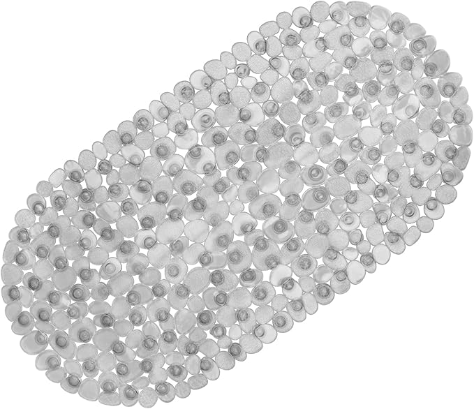 WELTRXE Pebbles Bathtub Mat Non Slip Oval Shower Mat with Suction Cups, Drain Holes, 27 x 14 Inch Plastic Bathroom Tub Mats Machine Washable, BPA, Latex Free Safety Mat for Bath Tub, Clear Gray