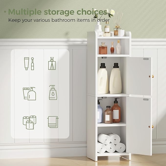 BEWISHOME Small Bathroom Cabinet, Bathroom Storage Cabinet with Adjustable Shelves & 2 Doors, Narrow Toilet Paper Cabinets, 7.9" D x 9.8" W x 31.5" H, for Small Spaces, White YYG13W