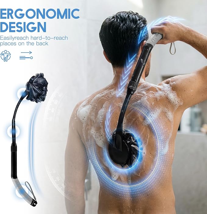 Loofah with Handle, Retractable Shower Loofah with Anti-Slip Grip, Exfoliation and Improved Skin Health, Back Loofah for Shower for Men Women