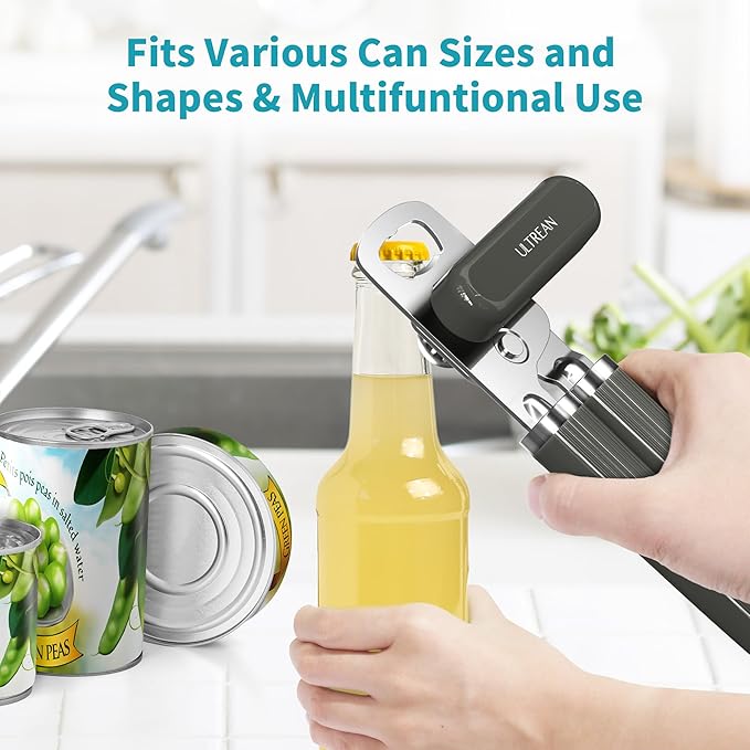 Ultrean Manual Can Opener Bottle Opener, Heavy Duty Stainless Steel Smooth Edge Manual Hand Held Can Opener With Soft Touch Handle, Rust Proof Oversized Handheld Easy Turn Knob (Gray)