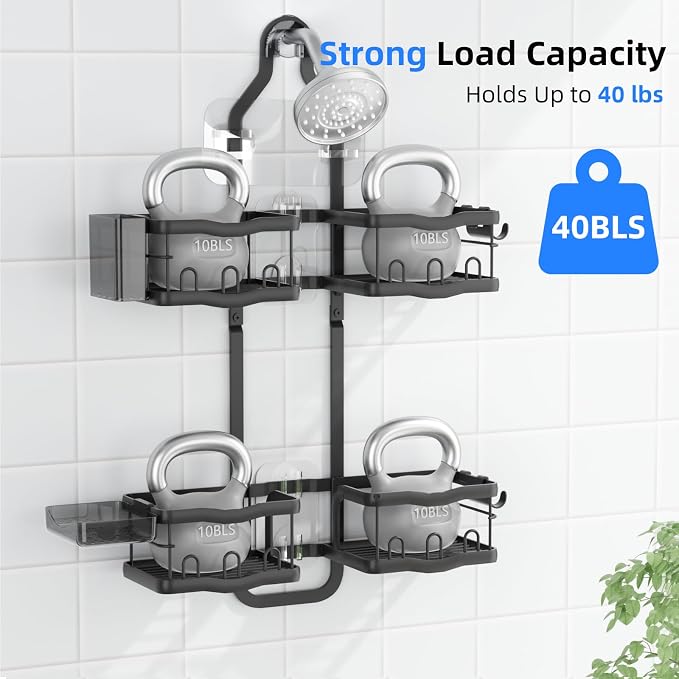 GearFusion Aluminum Hanging Shower Caddy for Handheld Shower Heads | Rustproof Bathroom Organizer Rack, Adjustable Shower Shelf Over the Showerhead Caddy Storage with Hooks Soap Baskets, Black