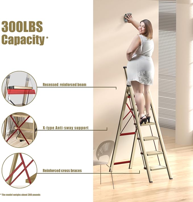 SOLADDER 6 Step Ladder, Folding Step Stool with Handgrip and Anti-Slip Wide Pedal, Portable Lightweight Aluminum Stepladder for Kitchen, Home, Library, Office (300 lbs Capacity) - Gold