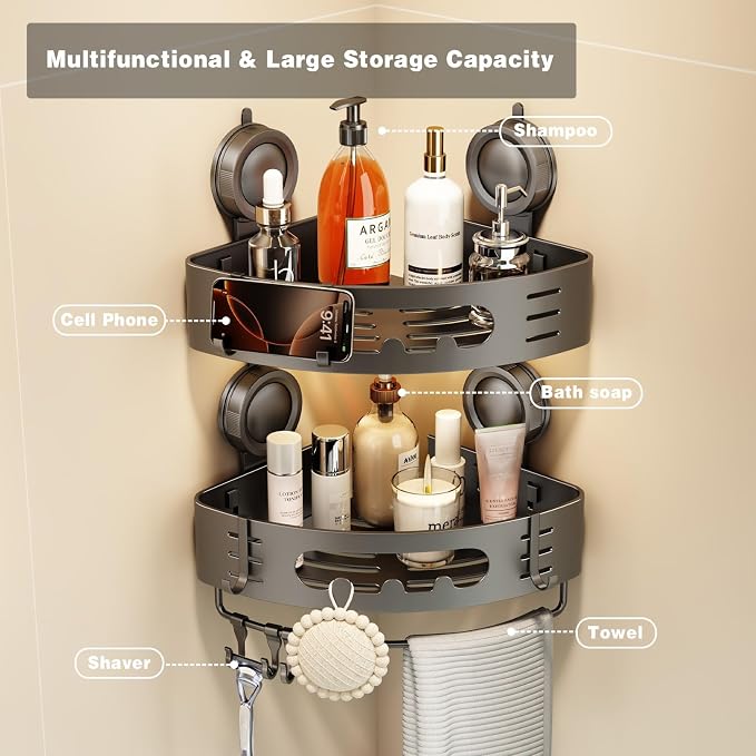 Voldra Corner Shower Caddy Suction Cup, Aluminum Corner Shower Shelves for Wall No Drilling, Large Suction Cup Shower Organizer with Towel Bar & Hooks Removable Bathroom Storage Rack(1 Pack-Gray)