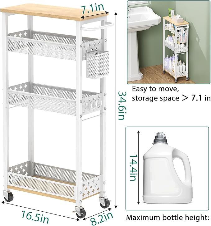Slim Storage Cart 4 Tier Laundry Cart with Wheels, Narrow Metal Kitchen Rolling Carts Bathroom Organizers Storage Shelf with Wood Rack and Handle for Small Space