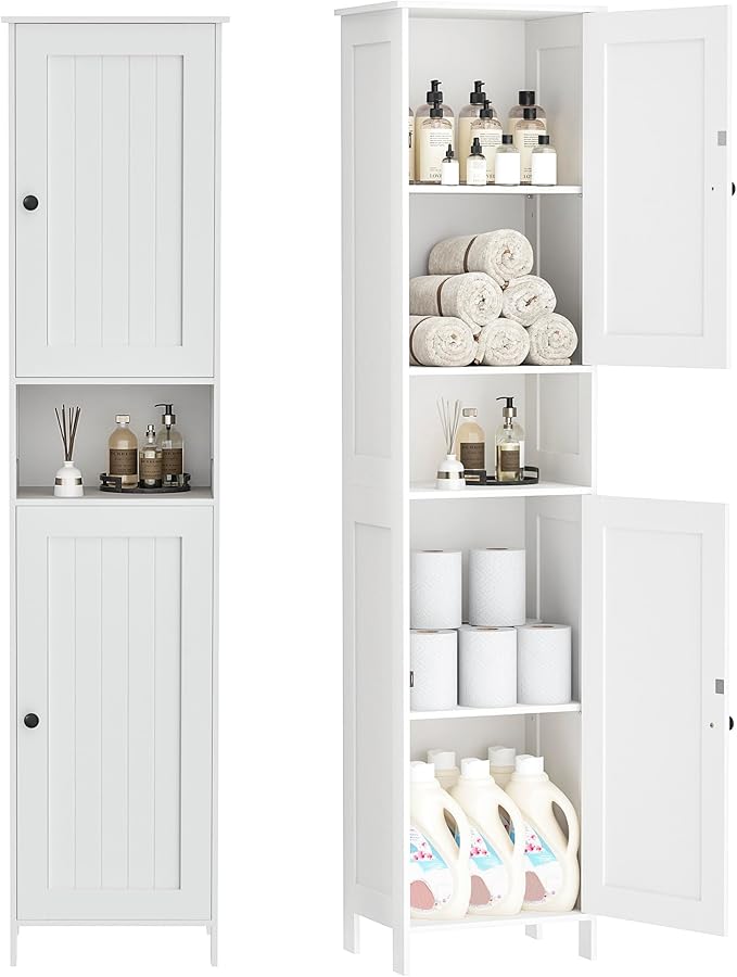 Homleke Tall Bathroom Storage Cabinet with 2 Doors, 67"H Narrow Storage Cabinet with Adjustable Shelves& Anti-Tip Design, Reversible Door Installation, Easy Assembly, 11.8 x 15.7 x 66.9 Inches, White