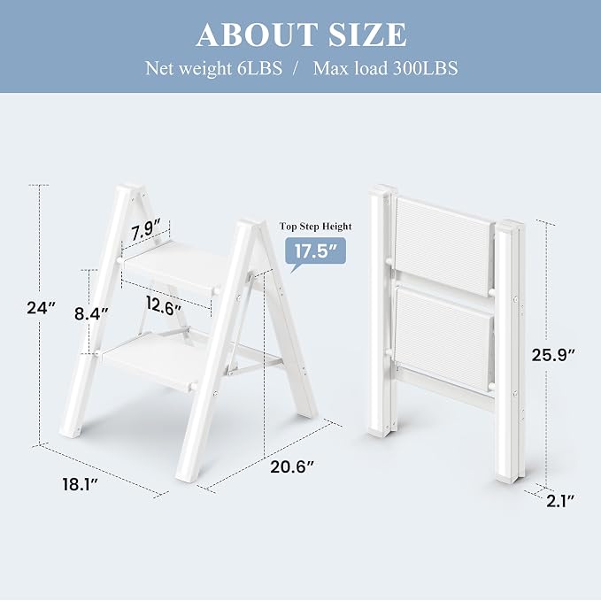 2 Step Ladder, Folding Step Stool with Wider Pedal, Anti-Slip Feet & Non Slip Stripes, Aluminum Sturdy Material, 300Lbs Capacity, Elegant Look of Modern White Better Matches Your Home