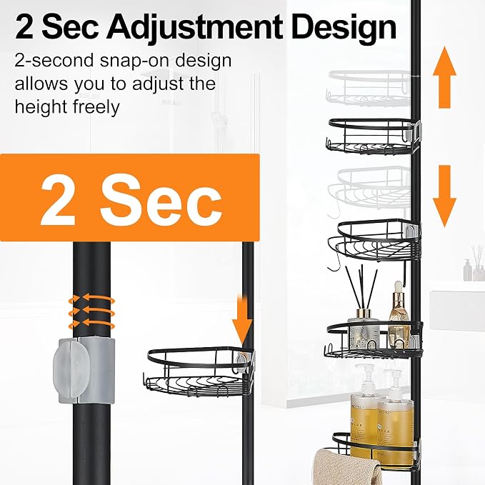 DUFU Corner Shower Caddy Tension Pole, Shower Tension Rod Organizer, 4-Tier Adjustable Floor to Ceiling Shower Caddy 33-127inch, No Drilling Shower Shelf for Inside (Black)