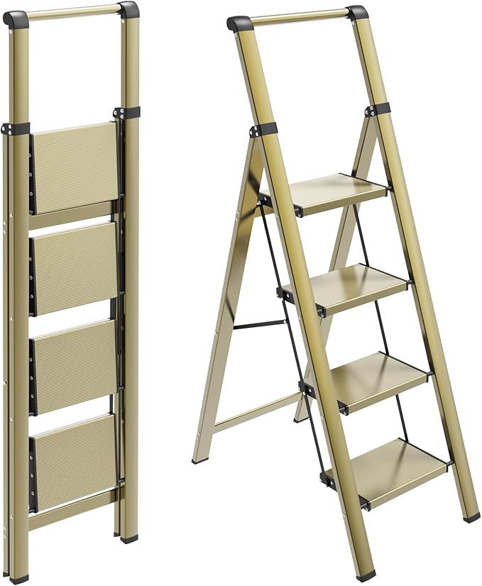 HBTower 4 Step Ladder with Handrail, Aluminum Folding Step Stool,330lbs Capacity Portable Step Ladder，Non-Slip Safety Ladder for Household,Kitchen,Office - Gold