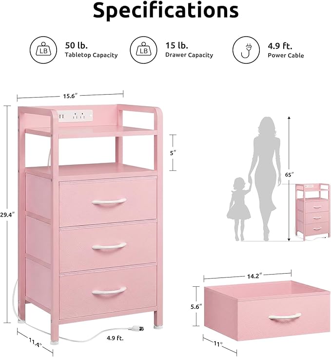 Lazzanto Night Stand Bedside Charger Bedroom - Nightstand with Charging Station & LED Light Strip, Night Stand with Storage Shelf & 3 Fabric Drawers, Morden End Table with USB Ports&AC Outlets,Pink