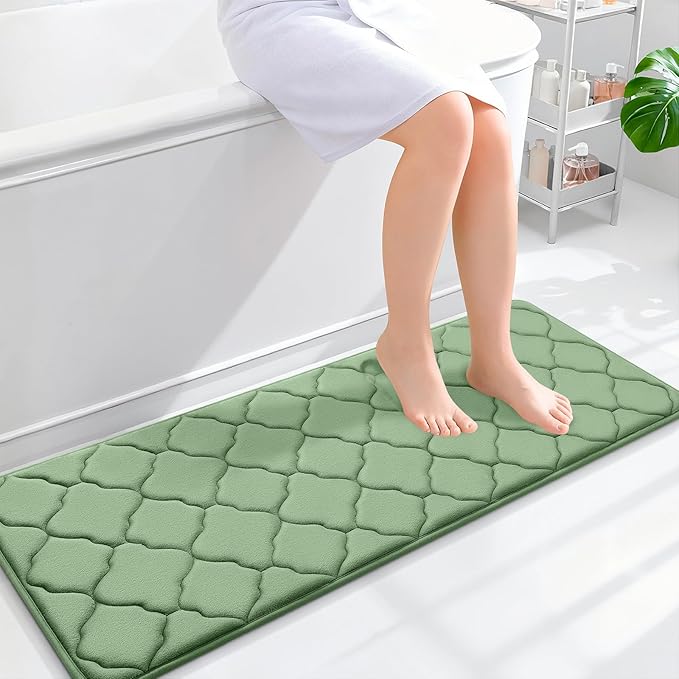 OLANLY Memory Foam Bath Mat Rug 47x17, Ultra Soft and Absorbent Bathroom Rugs, Non-Slip, Comfortable, Machine Washable Bath Carpet for Bathroom Floor, Tub Shower and Home Decor Accessories, Sage Green