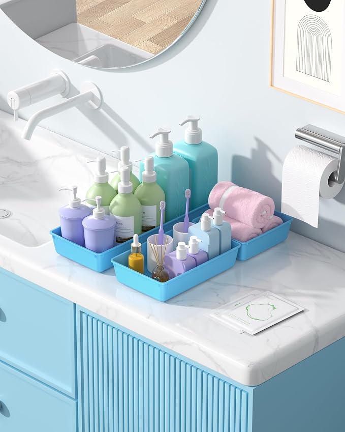 10 Pack Large Size Plastic Drawer Organizers Set, 3 Sizes Desk Drawer Organizer Trays, Storage Bins for Vanity, Makeup, Bathroom, Kitchen Utensils and Office (Blue)