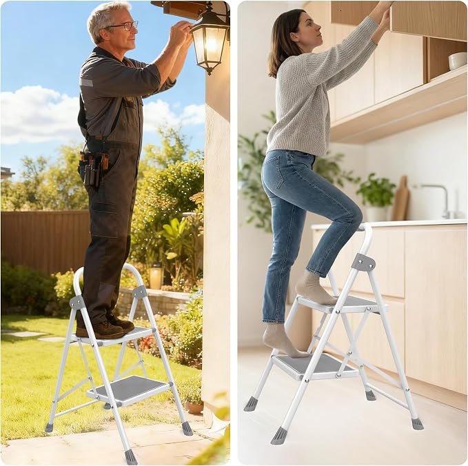 Simple Deluxe 2 Step Ladder, Portable Stool with Wide Non-Slip Pedal, Foldable Step Stool Lightweight for Home Kitchen and Outdoor, Gray