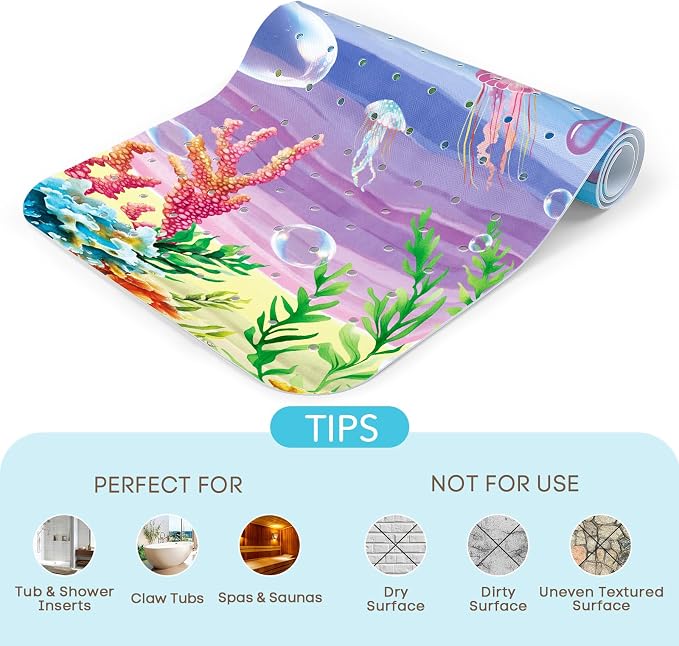 SHUCHING Girl Bath Mat for Tub Non Slip-40 X 16 Inch, Bathtub Mat Non Slip, Long Toddler Baby Kids Shower Mat for Bathroom, Beach Ocean Sea