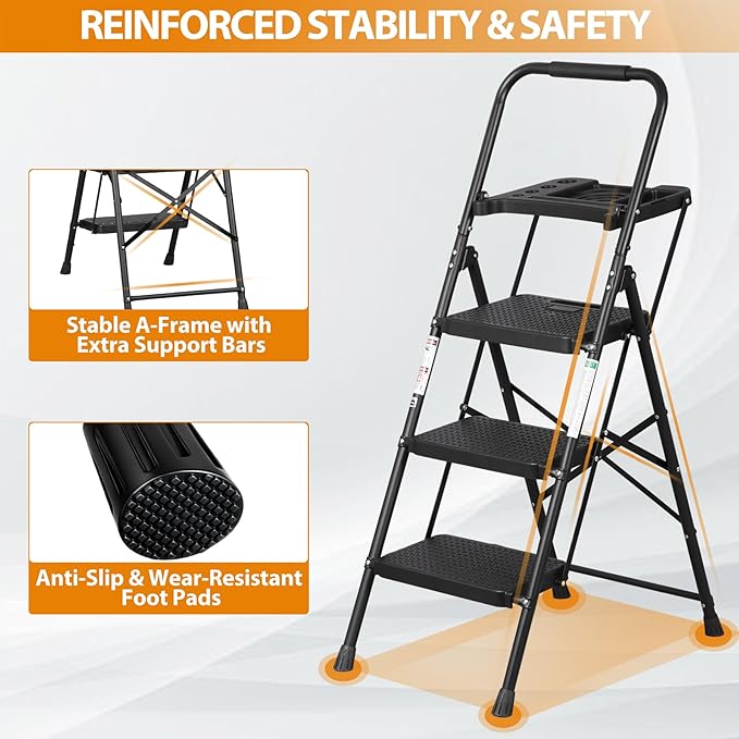 ZENY 3 Step Ladder, Folding Step Stool for Adults, Portable Steel Ladder with Tool Platform, Wide Anti-Slip Pedal, Safety Locking, Lightweight (Black)