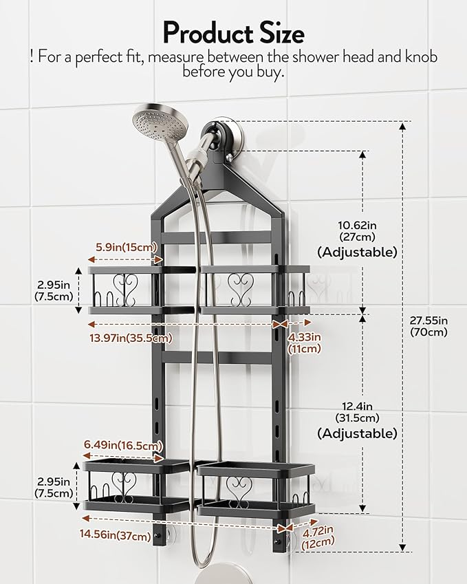 Orimade Adjustable Hanging Shower Caddy for Handheld Shower Heads, Rustproof Bathroom Shelf Organizer Over Showerhead Storage Rack with 8 Hooks, Easy-Clean Removable Baskets & Triple Anti-Slip Fixing