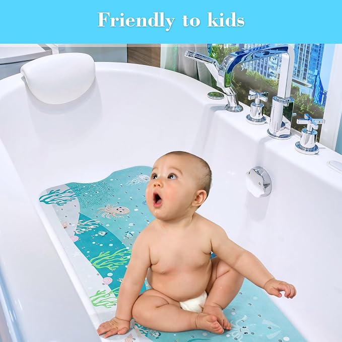 Secopad Bath Mat for Tub Non Slip, Machine Washable Anti-Slip Cartoon Baby Bathtub Shower Mat with Drain Holes and Suction Cups for Toddler & Kids (40 Inch x 16 Inch-Rectangular, 2-Whales)