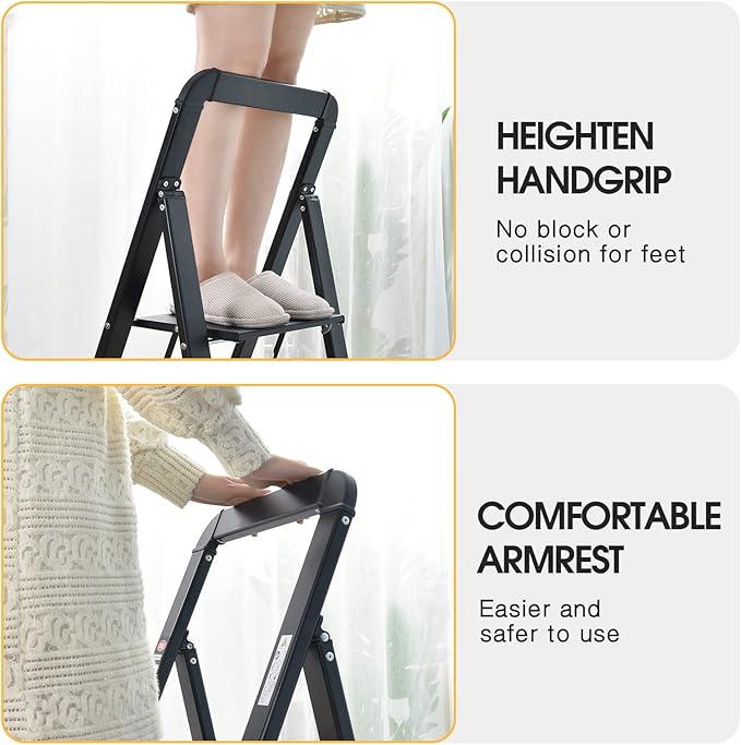 KINGRACK Aluminium 2 Step Ladder, Lightweight Step Stool with Non-Slip Pedals, Handrail, 330LBS Foldable Step Ladder for Kitchen, Garage, Home, Space Saving, Sturdy and Portable, Black