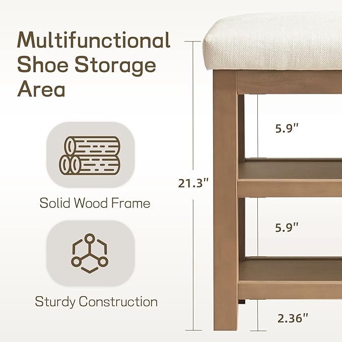 Zihanhome 2 Tier Shoe Rack Bench with Cushion, Solid Wood Shoe Benches, Mid-Century Modern Shoe Storage Bench for Entryway, Hallway, Living Room, Closet, Front Door Entrance, (Beige, 39.4")