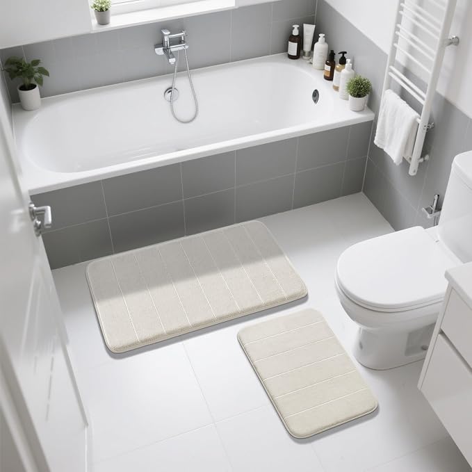 Yimobra Memory Foam Bathroom Rugs Sets 2 Piece - Super Soft Absorbent Quick Dry Bath Mat Set, Machine Washable Non Slip Floor Carpet for Tub Shower & Single Sink (17x24 & 31.5x20 Inch, Cream White)