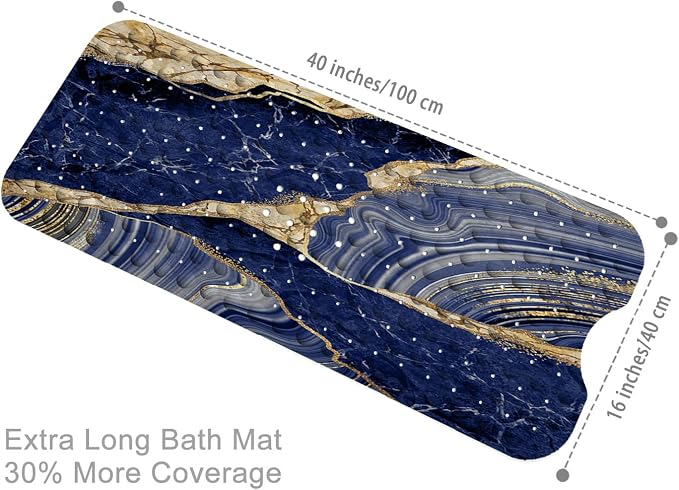 Bathtub Mat Non Slip, 40x16 inch Bath and Shower Safety Mats, Blue Marble and Golden Veins Tub Mat for Bathroom, Tub Shower Mat with Drain Holes and Suction Cups
