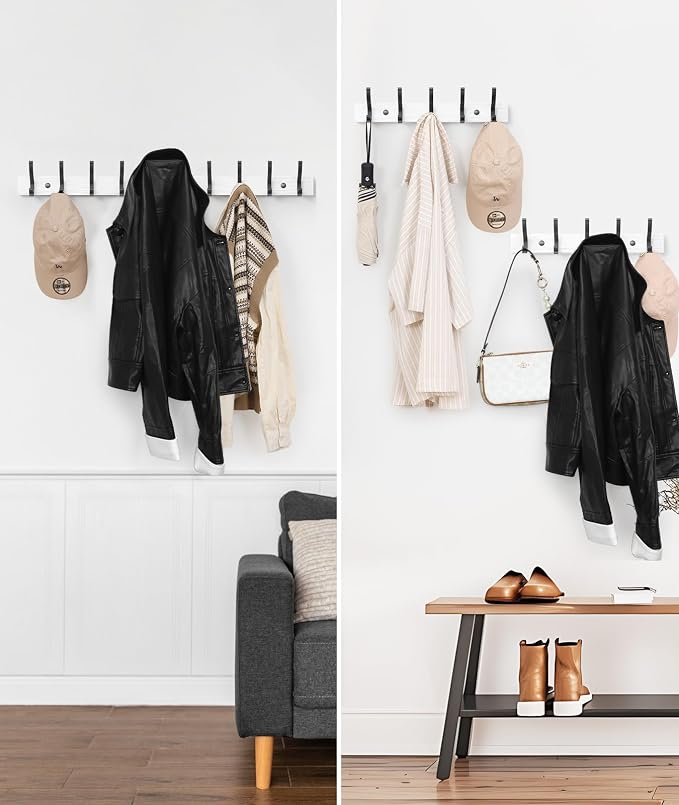 Optish Coat Rack Wall Mount, 16.5 Inches Wood Coat Hooks Wall Mount, Wall Coat Rack with 5 Hooks, Hat Rack Wall Hooks for Hanging Coat, Bag, Towel (2Pack, White)