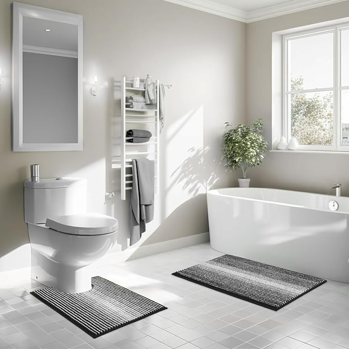 Bathroom Rugs Sets 2 Piece, Toilet Rugs U-Shaped, Contour Bath Mat Set for Toilet Bathroom, Soft Absorbent Chenille Bath Carpet, Quickly Dry, Washable (Black, 32" x 20" + 24" x 20")