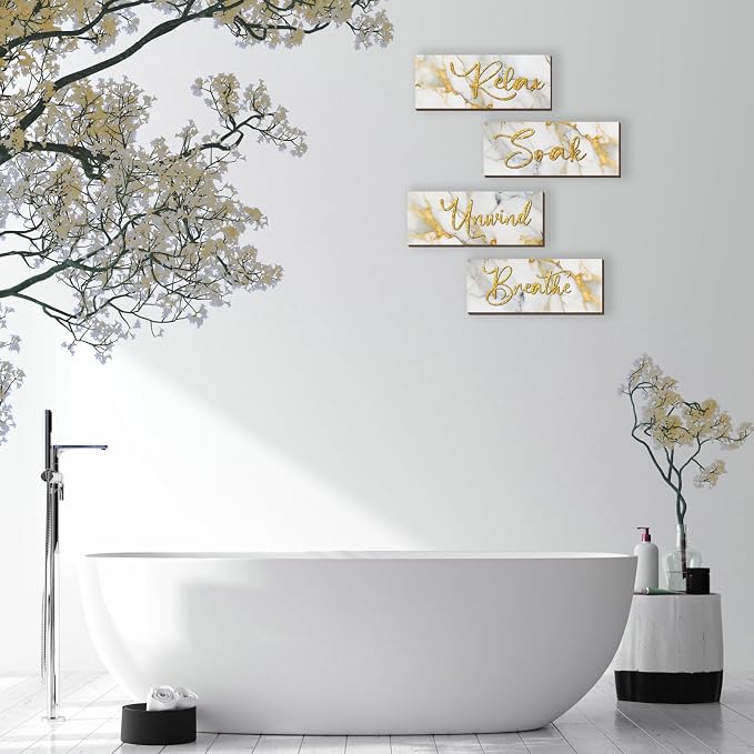 ONIZHITY 4 Pcs White and Gold Bathroom Decor White Gold Wall Decor Relax Soak Unwind Breathe Wooden Rustic Marble Style Bathroom Accessories for Bedroom Living Room Decor Kitchen(10X4)