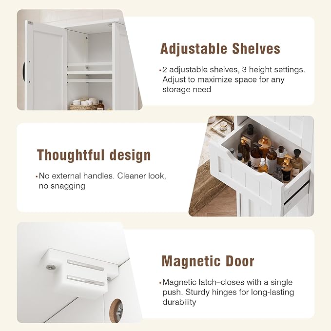 GRUSIGN 67" Tall Bathroom Storage Cabinet, Narrow Bathroom Cabinet with 2 Doors, 2 Drawers and 2 Adjustable Shelves, Slim Storage Cabinets for Kitchen, Living Room, Entryway, White