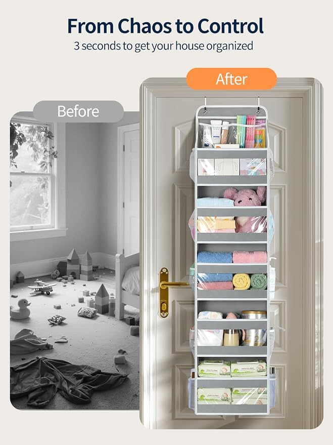 Yecaye 6 Tier Over the Door Organizer, Swing-proof Door Organizer Hanging with Clear PVC Windows, Behind the Door Storage for Bedroom Nursery Closet Laundry Pantry Bathroom, Grey