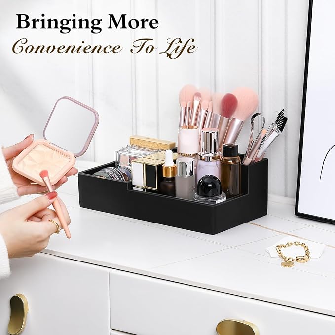 Luxspire Bathroom Counter Organizer, Marble Toothbrush Holder for Bathroom 6 Slot, Bathroom Vanity Organizer with Lid, Bathroom Organizer Countertop for Cotton Ball, Q-Tips, Floss, Matte Black
