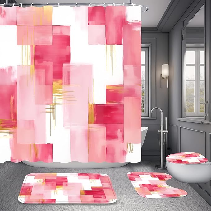 Yddsky 4 Pcs Pink and Gold Geometric Shower Curtain Sets Non-Slip Bath Rugs, Bathroom Accessories,Bathroom Sets with Shower Curtain and Rugs, Pink Geometric Modern Bathroom Decor with 12 Hooks