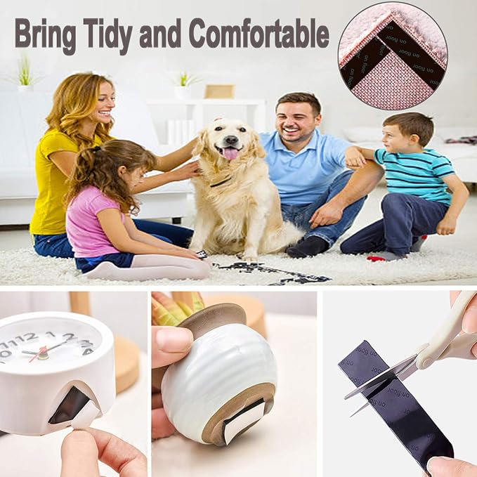 Rug Tape 16 Pcs Carpet Gripper Rug Stoper Carpet Tape Keeps Rug in Place No Slip Rug Stickers Reusable Washable Black