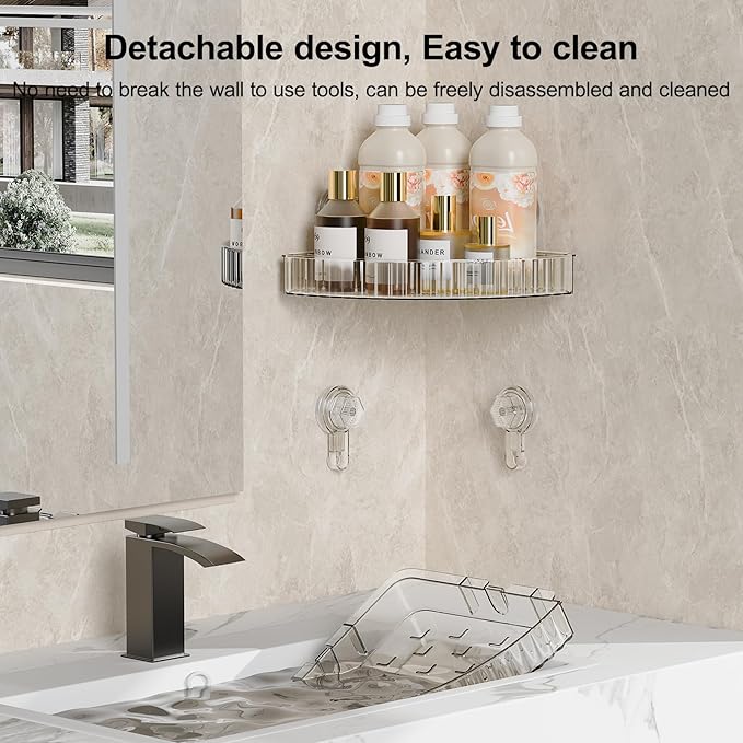 Shower Caddy Suction Cup Corner Bathroom Shower Organizer for Bathroom Storage & Home Decor Kitchen No Drilling Large Capacity Removable and Reusable Shower Shelves for Inside Shower (corner,Clear)